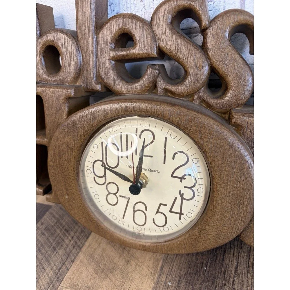 Vintage Wall Clock “Bless This House” By Burwood 1980’s Brown WORKS